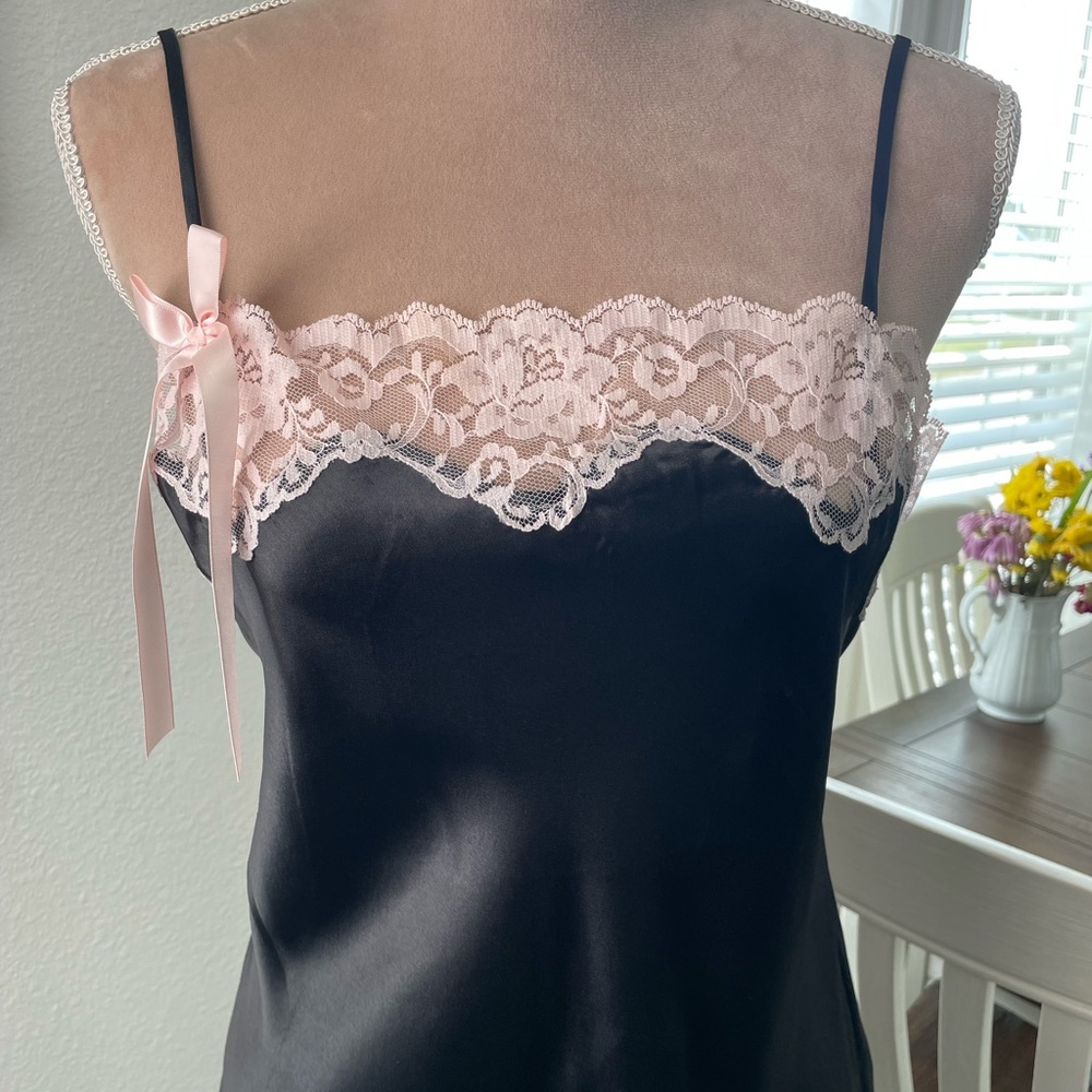 Victoria’s Secret Black Satin Slip Nightgown with Pink Lace Trim, Medium